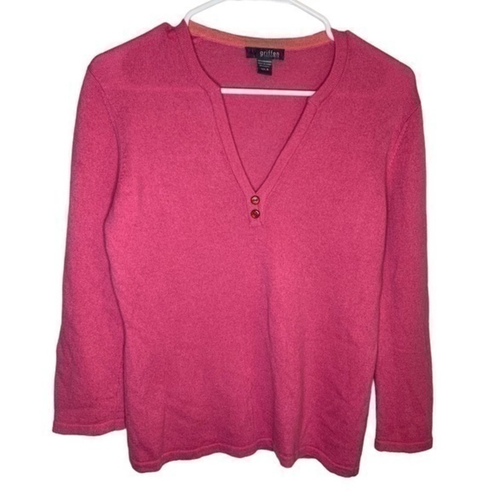 Griffen Cashmere Pink V Neck Button Sweater Size Medium .